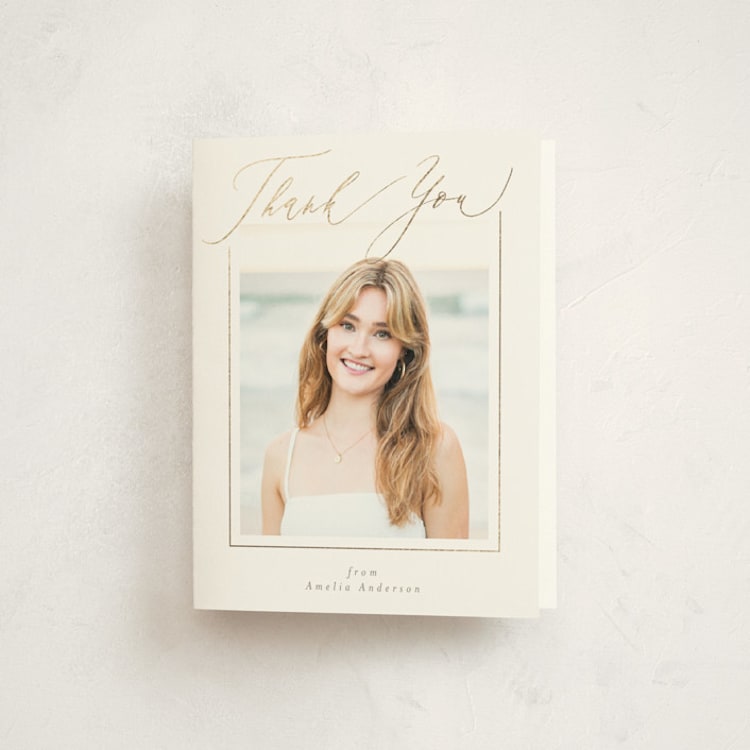 "Carlisle" - Foil-Pressed Graduation Thank You Cards in Latte by Deynaaz Daraei - Front