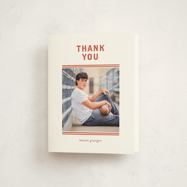 "Varsity Stripes" - Graduation Thank You Cards in Poppy by Angela Garrick - Front
