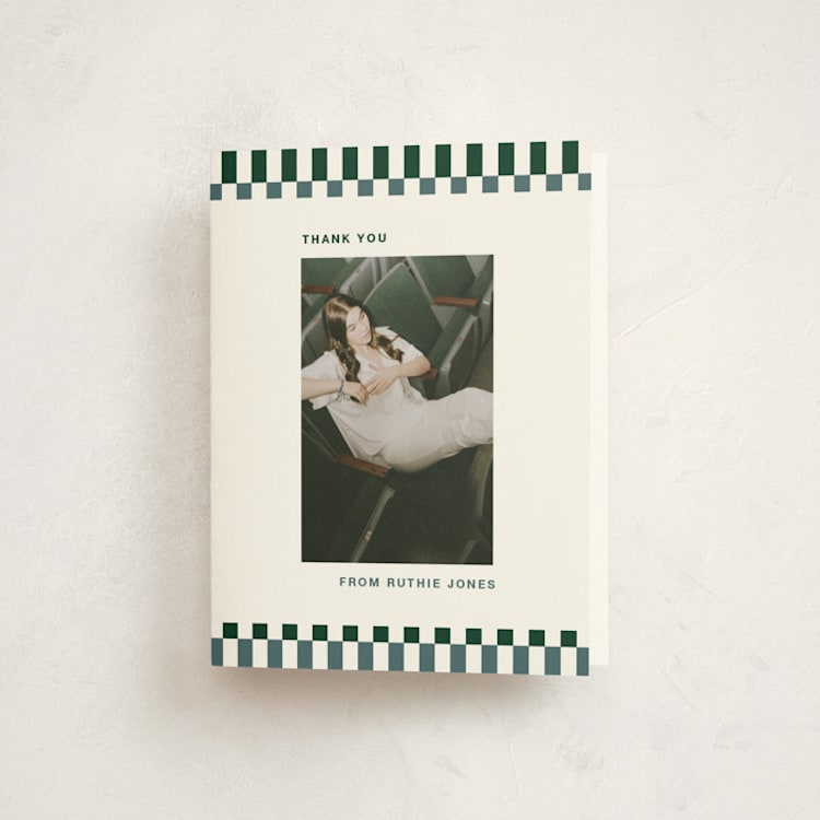 "Checked Out" - Graduation Thank You Cards in Pine by Rachel Cassel - Front