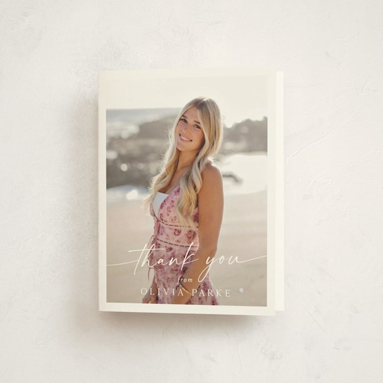 "Graduate Script" - Graduation Thank You Cards in Snow by Sarah Curry - Front