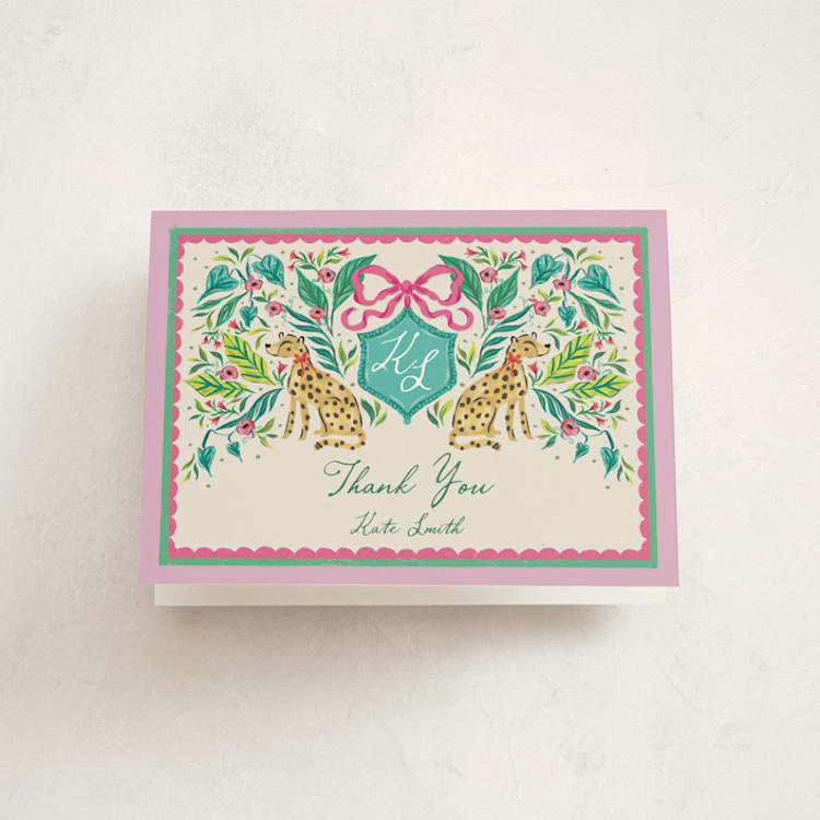 "Whimsical Hand Illustrated Crest" - Graduation Thank You Cards in Peony by Jackie Crawford - Front