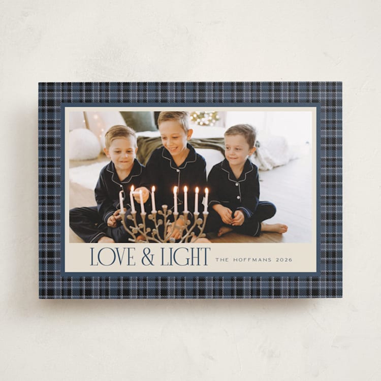 "Cozy in Plaid" - Hanukkah Cards in Navy by Jenna Holcomb - Front