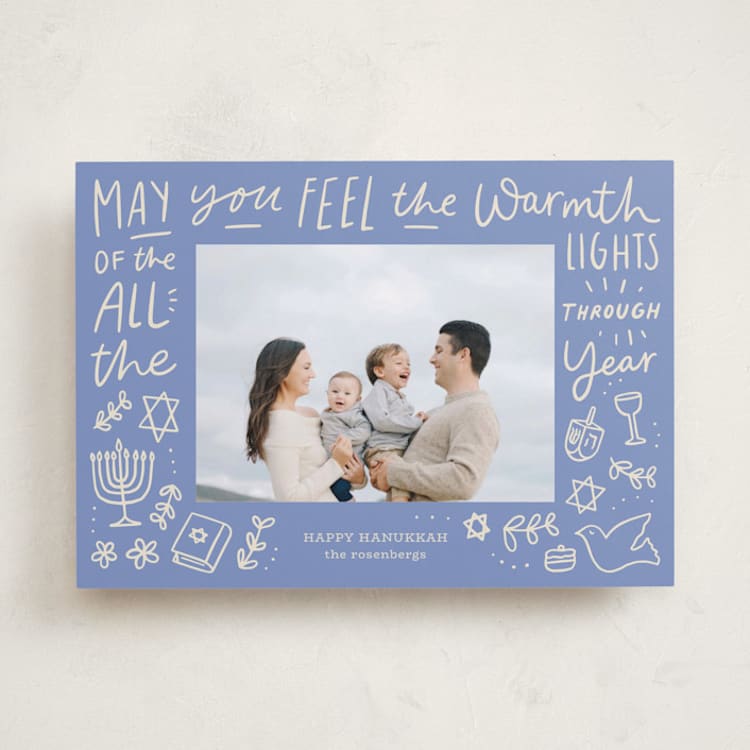 "Warmth Of The Lights" - Hanukkah Cards in Robin Blue by Abbigail Lim - Front
