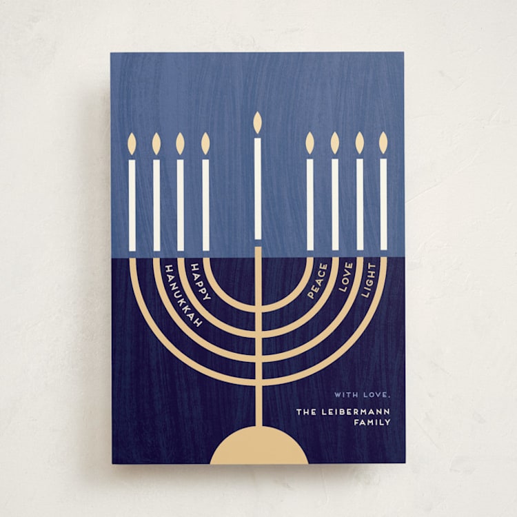 "Modern Menorah" - Hanukkah Cards in Navy by Kami Turnell - Front