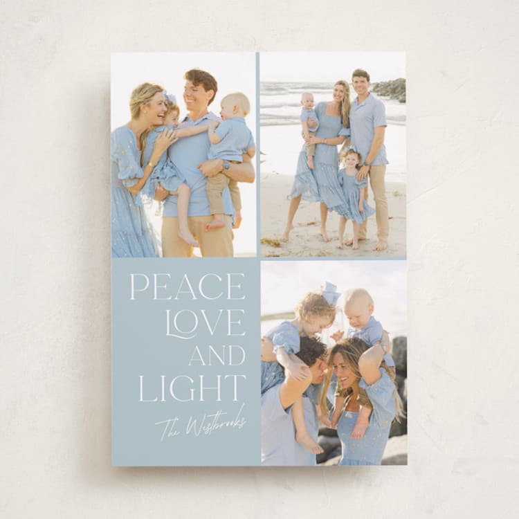 "Peace Love Light" - Hanukkah Cards in Cornflower by Erin Deegan - Front