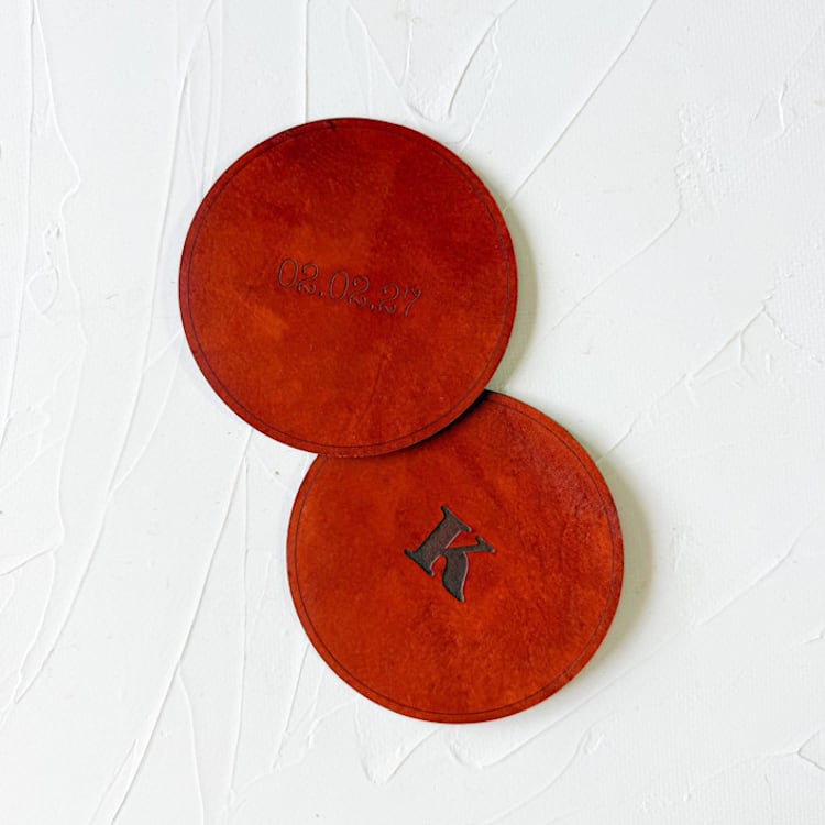 "Custom Leather Coaster - Centered Text - 2 Coasters" - Coasters in brown by Left Grain