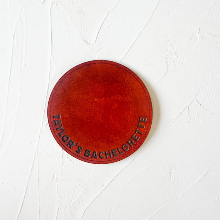 "Custom Leather Coaster with Wrapped Text - 2 Coasters" - Coasters in brown by Left Grain