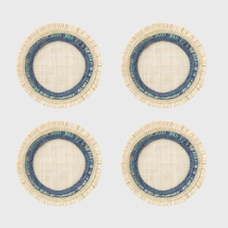 "Ruffle edge straw coasters, Indigo, set of four" - Coasters in blue by Joanna Buchanan