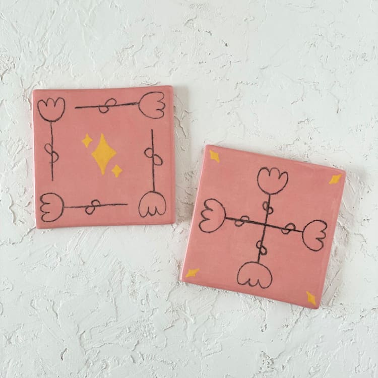 "Floral Illustrated Square Coaster Set" - Coasters in pink by Quiet Clementine