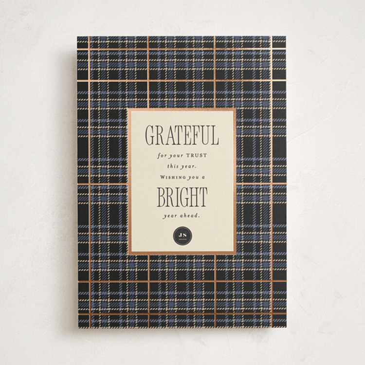 "Grateful Plaid" - Holiday Cards in Charcoal by Corinne Malesic - Front