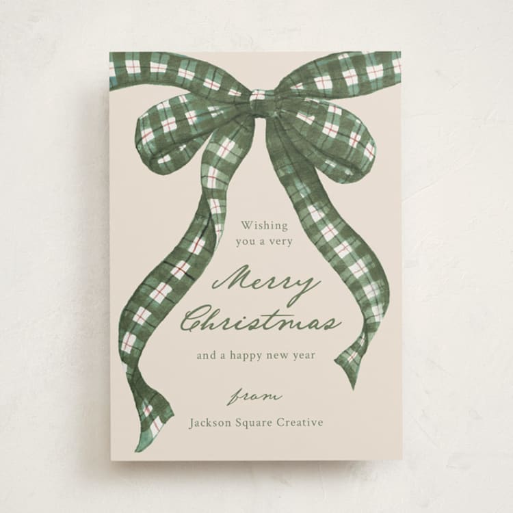 "Tartan Bow" - Holiday Cards in Sage by ForeverPrint - Front