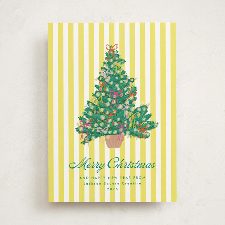 "Lobby Bow Tree" - Holiday Cards in Chartreuse by Erika Firm - Front