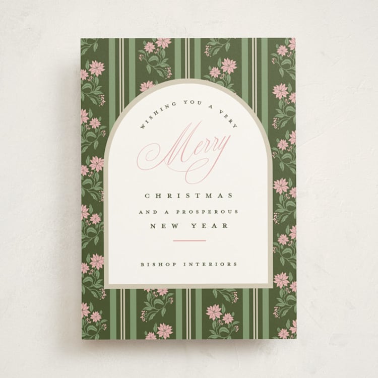 "Poinsettia Stripe Wallpaper" - Holiday Cards in Winter Rose by Susan Zinader - Front