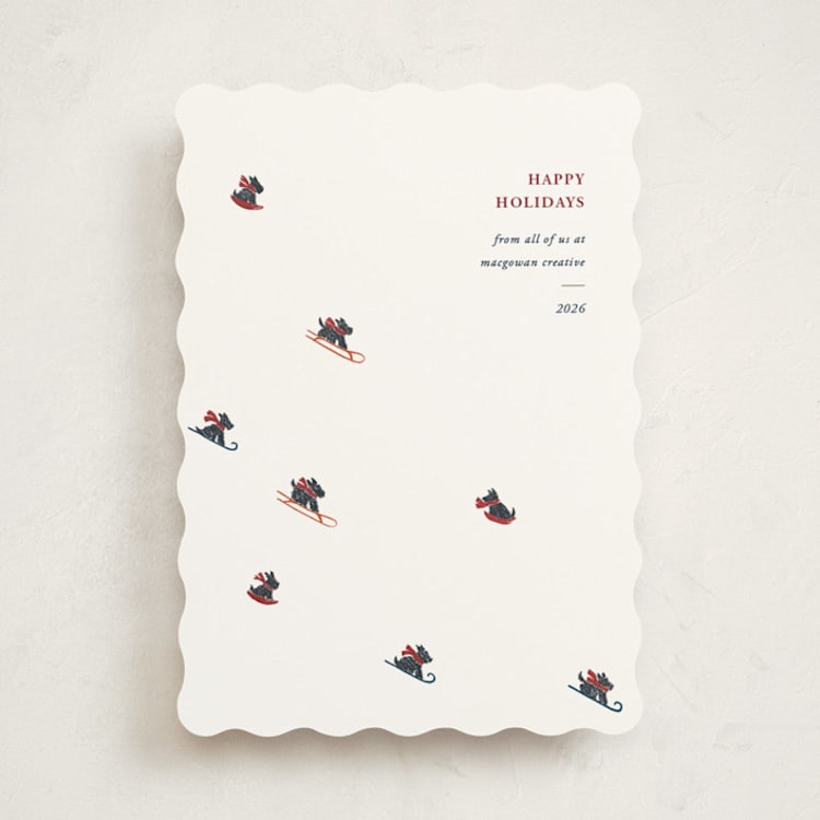 "Sledding Scotties" - Holiday Cards in Crimson by Diane Pearse - Front