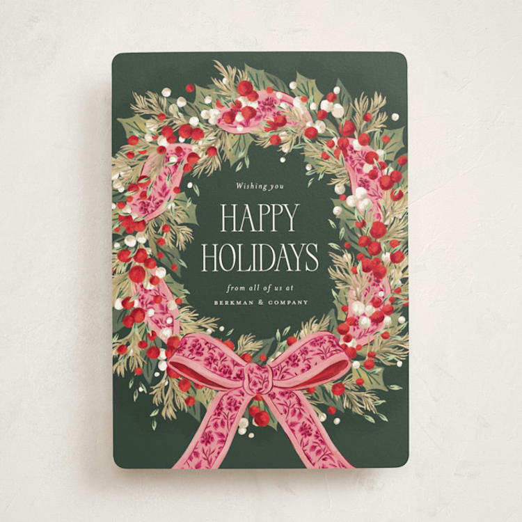 "Festive Woven Ribbon Wreath" - Holiday Cards in Flamingo by Jackie Crawford - Front