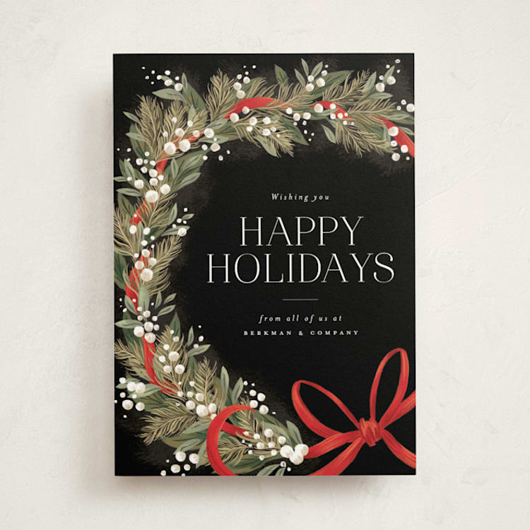 "Festive Side Ribbon Wreath" - Holiday Cards in Coal by Jackie Crawford - Front