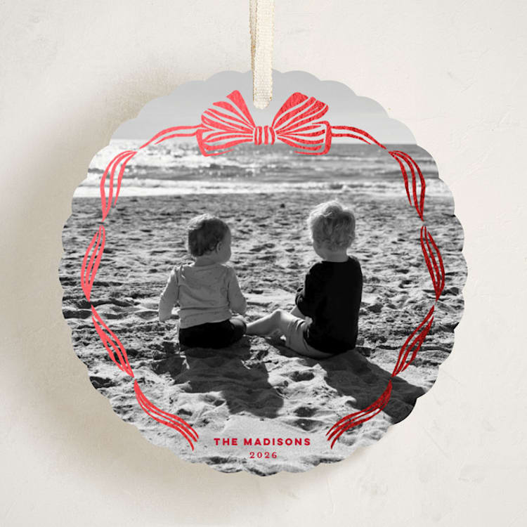 "Bow Frame" - Holiday Ornament Cards in Santa Suit by Pink House Press - Front