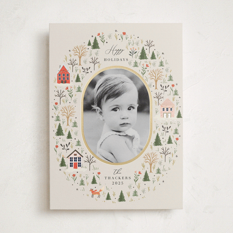 "Winter Village Oval" - Holiday Cards in Taffy by Hannah Williams - Front