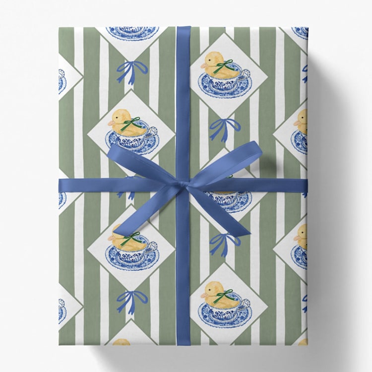 "Duckling in a Teacup Gift Wrap" - Holiday Gift Wrap in green by Liesel Anne