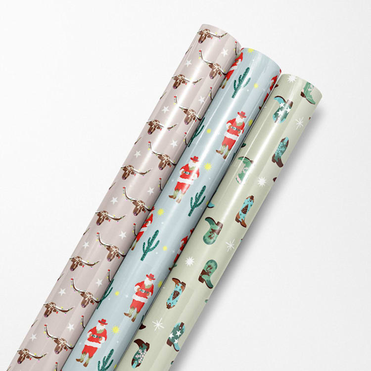 "Western Christmas Wrapping Paper Set" - Holiday Gift Wrap in beige by tara berg