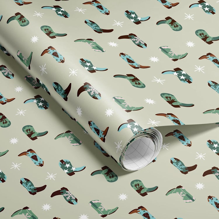 "Christmas Cowboy Boots Wrapping Paper" - Holiday Gift Wrap in green by tara berg