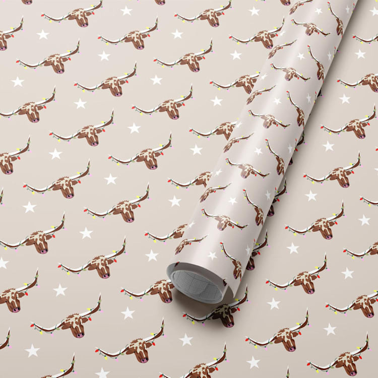"Santa's Steer Christmas Western Wrapping Paper" - Holiday Gift Wrap in beige by tara berg