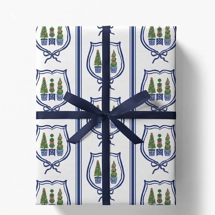 "Topiary Trio Christmas Gift Wrap, Set of 5 Sheets" - Holiday Gift Wrap in blue by Liesel Anne