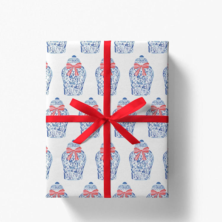 "Ginger Jar Chinoiserie Christmas Gift Wrap, Set of 5 Sheets" - Holiday Gift Wrap in blue by Liesel Anne