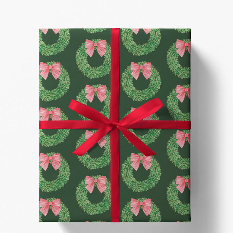 "Green Wreath with Red Bow Gift Wrap, Set of 5 Sheets" - Holiday Gift Wrap in green by Liesel Anne