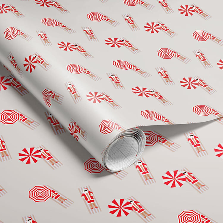 "Santa on the Beach Tropical Christmas Wrapping Paper" - Holiday Gift Wrap in beige by tara berg