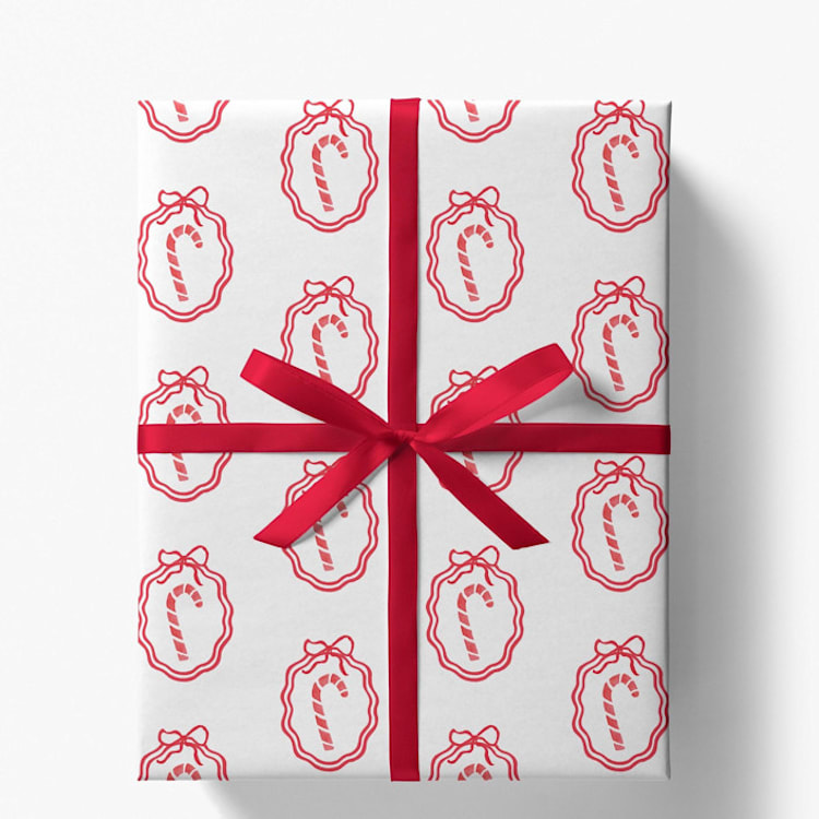 "Candy Cane and Bows Gift Wrap, Set of 5 Sheets" - Holiday Gift Wrap in red by Liesel Anne