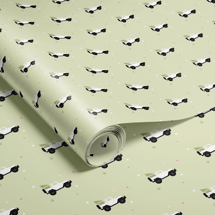 "Christmas Jeep Wrapping Paper" - Holiday Gift Wrap in green by tara berg