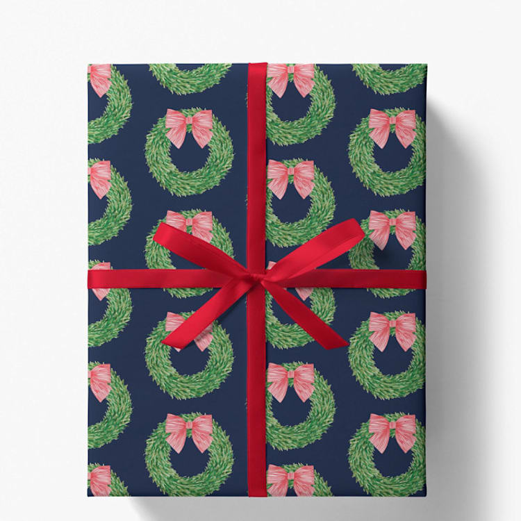 "Navy Wreath with Red Bow Gift Wrap, Set of 5 Sheets" - Holiday Gift Wrap in blue by Liesel Anne