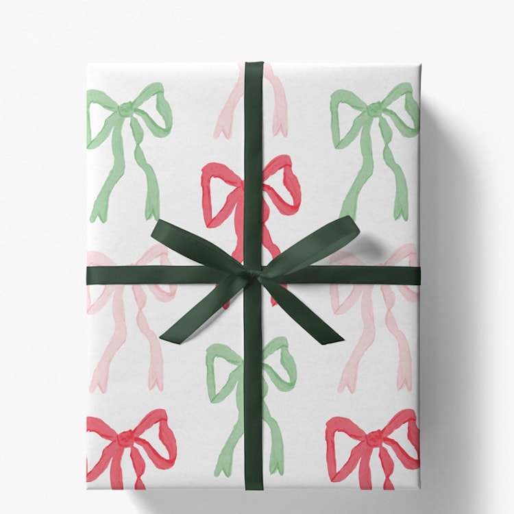 "Red, Pink and Green Christmas Bows Gift Wrap, Set of 5 Sheets" - Holiday Gift Wrap in multicolor by Liesel Anne