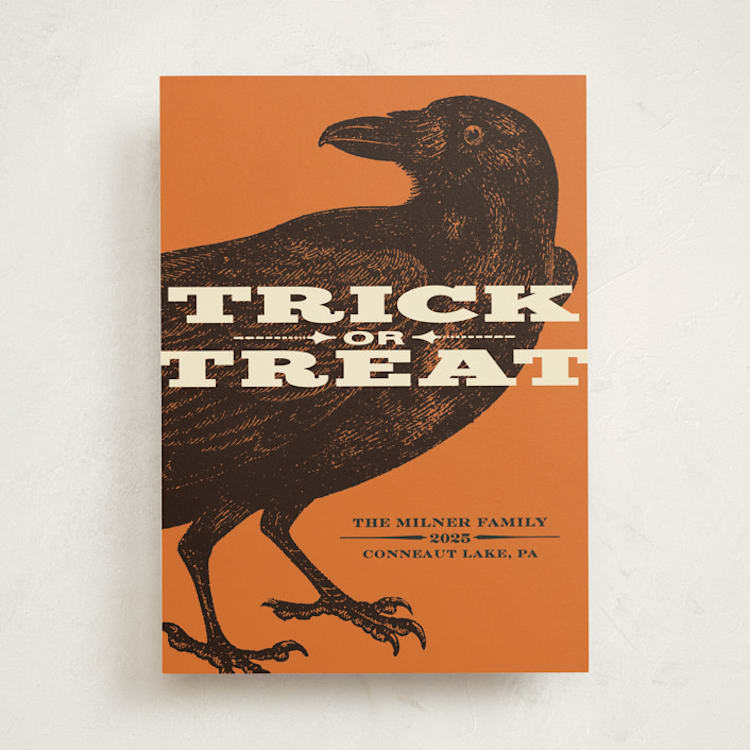 "Trick or Treat Raven" - Halloween Cards in Pumpkin by Alex Elko Design - Front