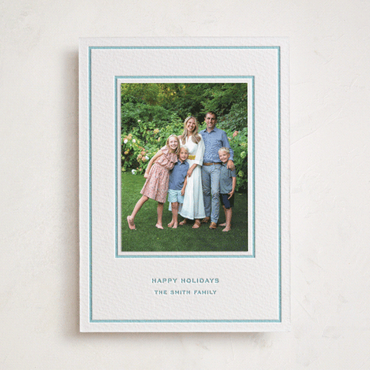 "Bowery" - Letterpress Holiday Photo Mount Cards in Robin's Egg by Megan Davis - Front
