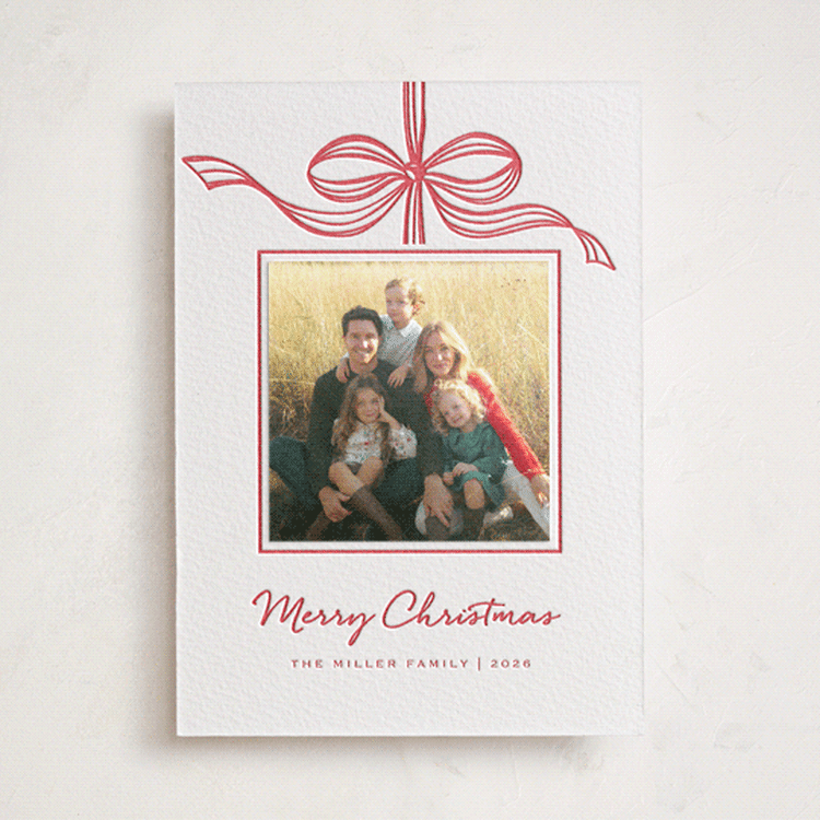 "Tied with a bow" - Letterpress Holiday Photo Mount Cards in Ruby by SimpleTe Design - Front