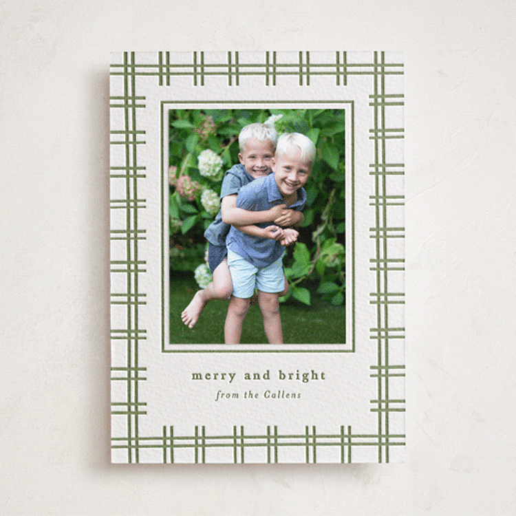 "plaid groove" - Letterpress Holiday Photo Mount Cards in Olive by Sara Hicks Malone - Front