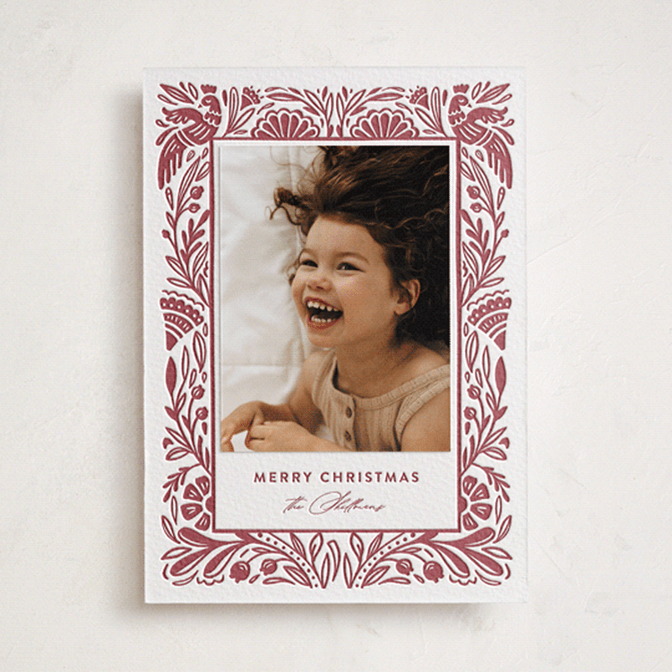 "Folk Art" - Letterpress Holiday Photo Mount Cards in Ruby by Mansi Verma - Front