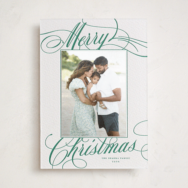 "Classic Merry" - Letterpress Holiday Photo Mount Cards in Evergreen by Alston Foster - Front