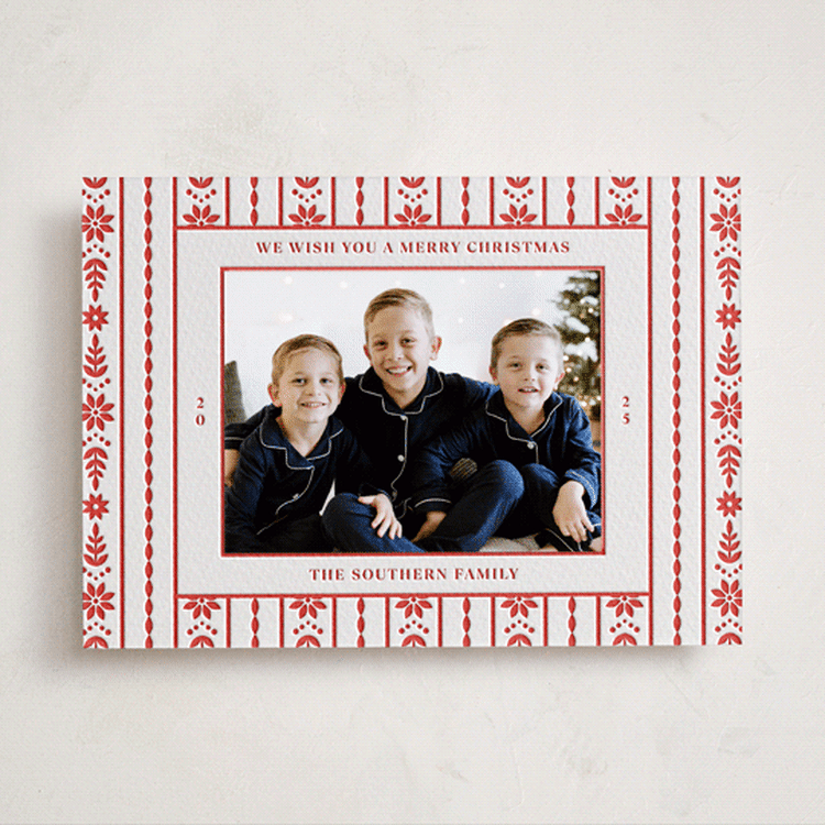 "Scandi Ribbon" - Letterpress Holiday Photo Mount Cards in Ruby by Erin German - Front