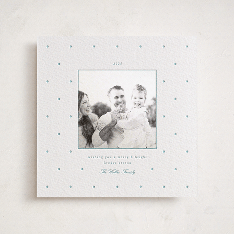 "Swiss Dot" - Letterpress Holiday Photo Mount Cards in Robin's Egg by Blustery August - Front