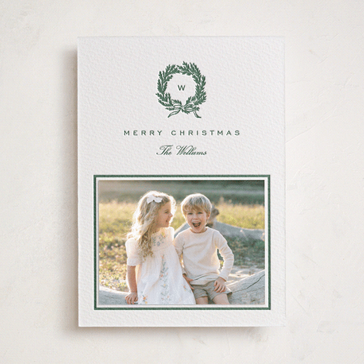 "Bristol" - Letterpress Holiday Photo Mount Cards in Evergreen by Amy Kross - Front