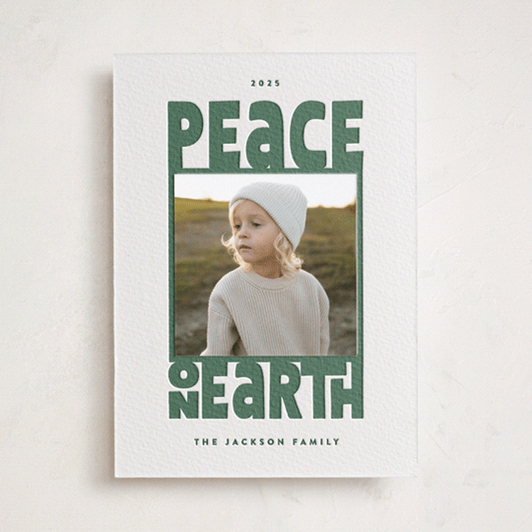 "Peace On Earth" - Letterpress Holiday Photo Mount Cards in Evergreen by Leah Bisch - Front