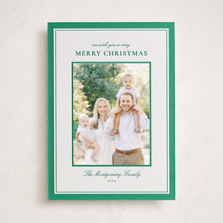 "Celadon" - Letterpress Holiday Photo Mount Cards in Racing Green by Wildfield Paper Co - Front