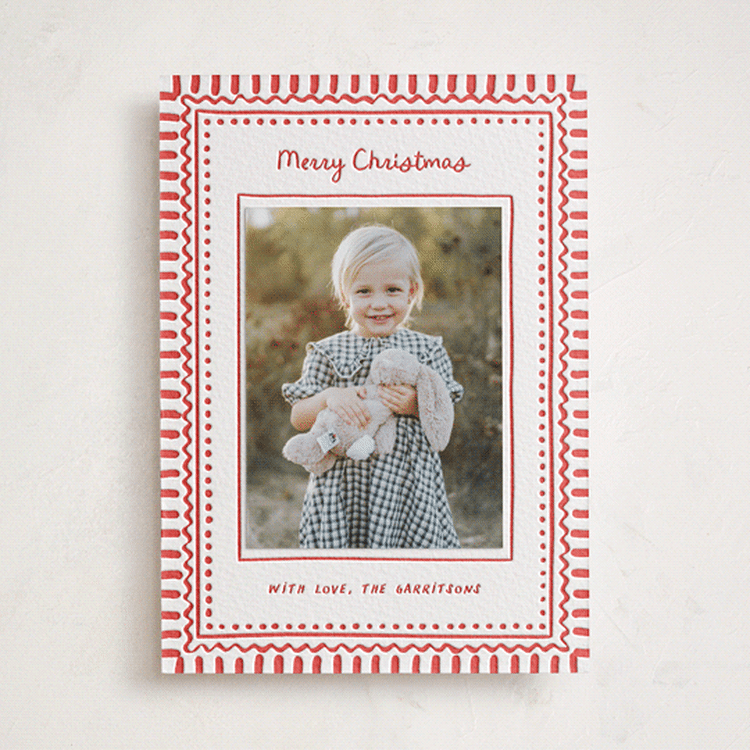 "Holiday Dots" - Letterpress Holiday Photo Mount Cards in Ruby by Chris Griffith - Front