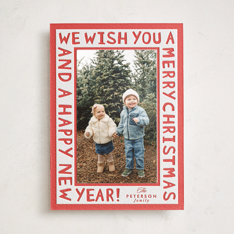 "Merry Block Print" - Letterpress Holiday Photo Mount Cards in Ruby by Karidy Walker - Front
