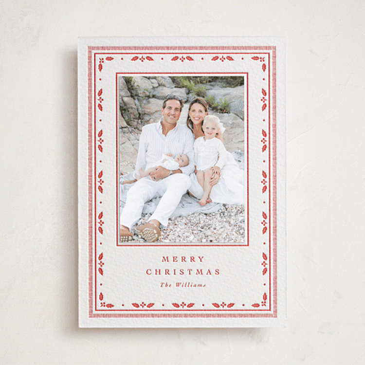 "Dainty Holly" - Letterpress Holiday Photo Mount Cards in Ruby by Robert and Stella - Front
