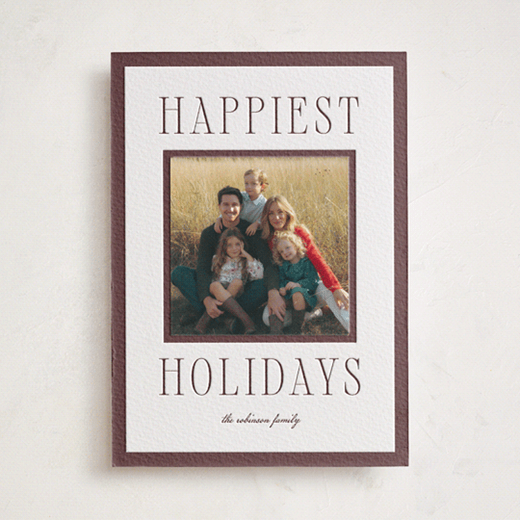 "Happiest!" - Letterpress Holiday Photo Mount Cards in Clove by Wildfield Paper Co - Front