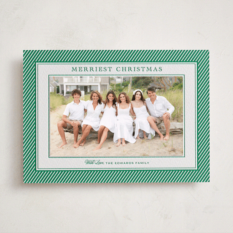 "Sorbet Stripes" - Letterpress Holiday Photo Mount Cards in Racing Green by Carolyn MacLaren - Front